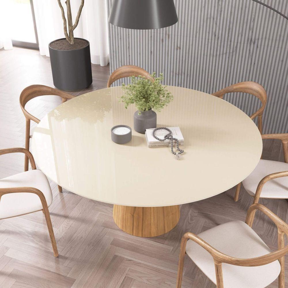 Mesa De Jantar Redonda 160cm Scandi 8 Lugares Lamina Natural De Madeira Off White Vidro - 3