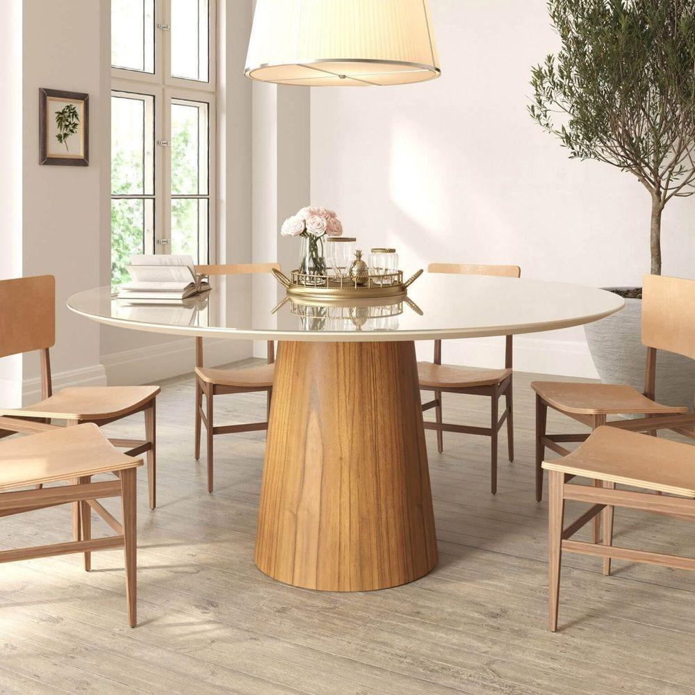 Mesa De Jantar Redonda 160cm Scandi 8 Lugares Lamina Natural De Madeira Off White Vidro - 4