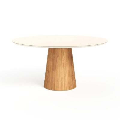 Mesa De Jantar Redonda 160cm Scandi 8 Lugares Lamina Natural De Madeira Off White Vidro