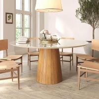 Mesa De Jantar Redonda 160cm Scandi 8 Lugares Lamina Natural De Madeira Off White Vidro