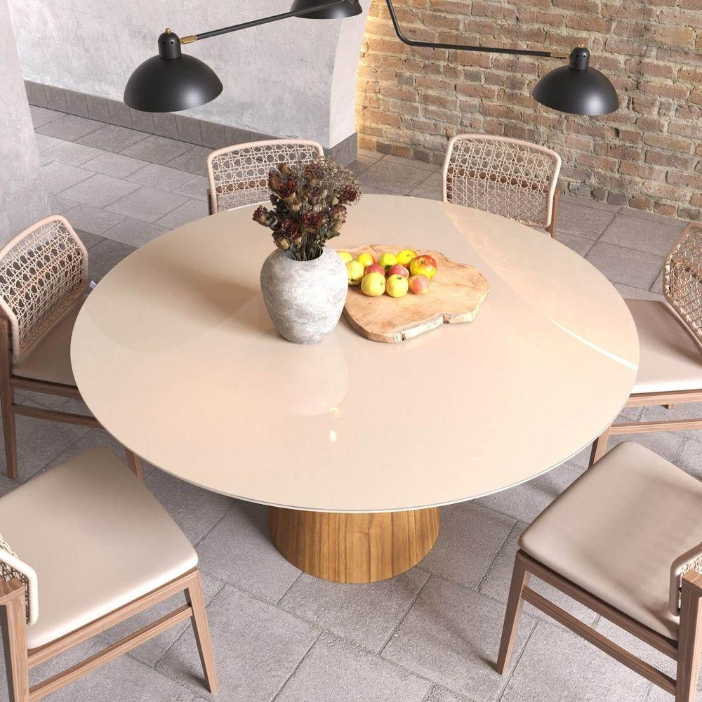 Mesa De Jantar Redonda 150cm Scandi 8 Lugares Lamina Natural De Madeira Off White Vidro - 3