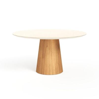 Mesa De Jantar Redonda 150cm Scandi 8 Lugares Lamina Natural De Madeira Off White Vidro