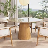 Mesa De Jantar Redonda 150cm Scandi 8 Lugares Lamina Natural De Madeira Off White Vidro - 2