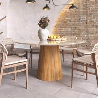 Mesa De Jantar Redonda 150cm Scandi 8 Lugares Lamina Natural De Madeira Off White Vidro