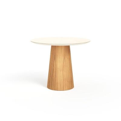 Mesa De Jantar Redonda 100cm Scandi 4 Lugares Lamina Natural De Madeira Off White Vidro