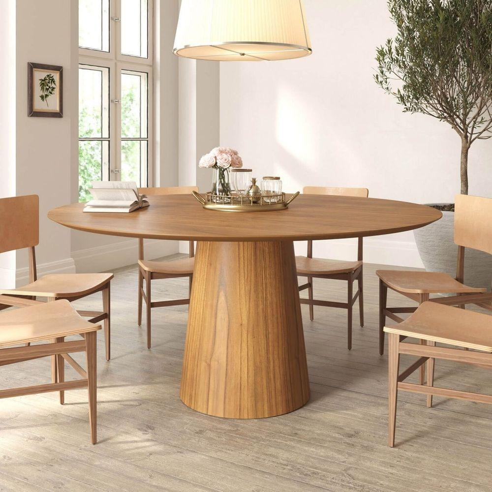 Mesa De Jantar Redonda 160cm Scandi 8 Lugares Lamina Natural De Madeira Mel - 4