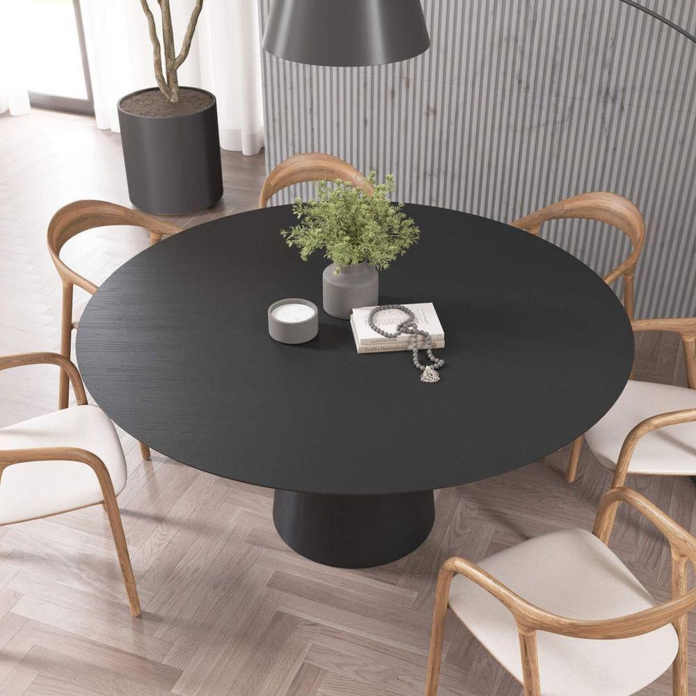 Mesa De Jantar Redonda 160cm Scandi 8 Lugares Lamina Natural De Madeira Preto - 2