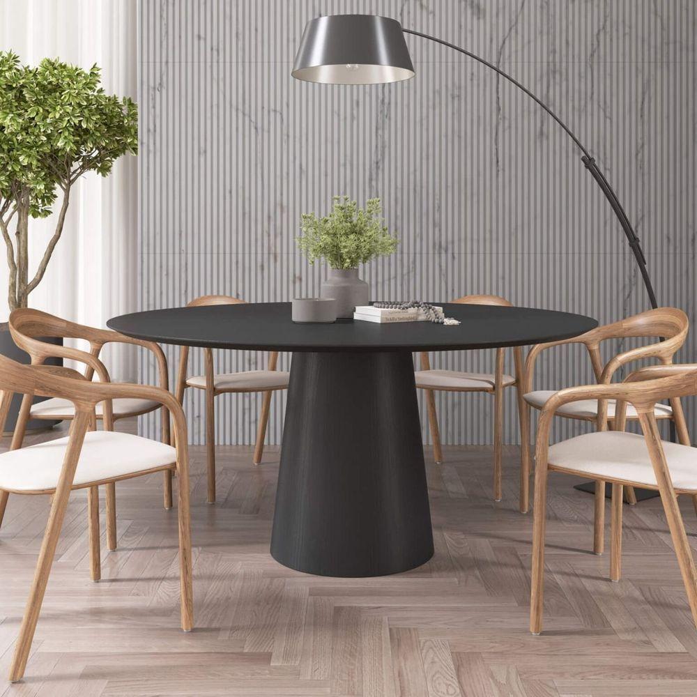 Mesa De Jantar Redonda 160cm Scandi 8 Lugares Lamina Natural De Madeira Preto - 3