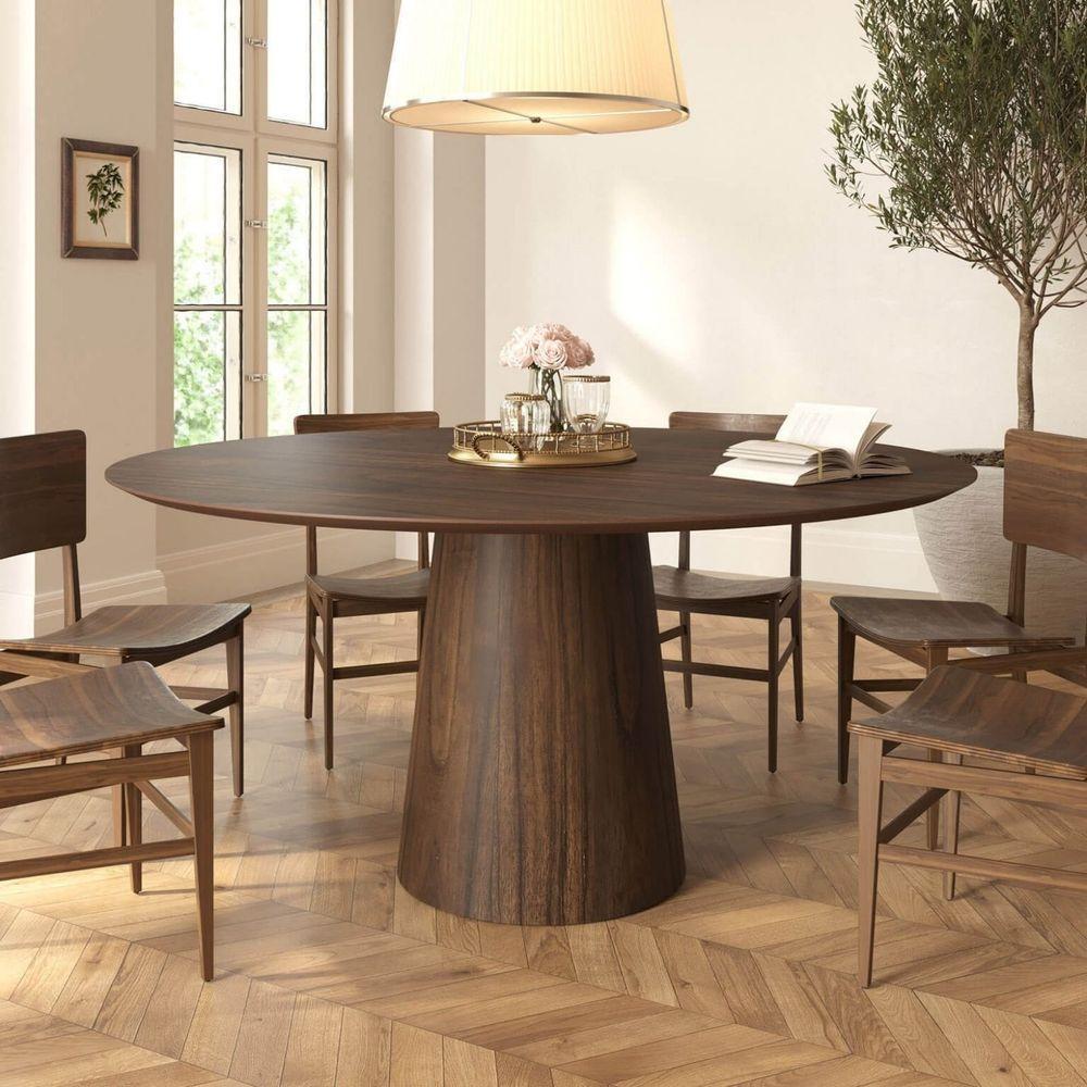 Mesa De Jantar Redonda 160cm Scandi 8 Lugares Lamina Natural De Madeira Castanho - 2