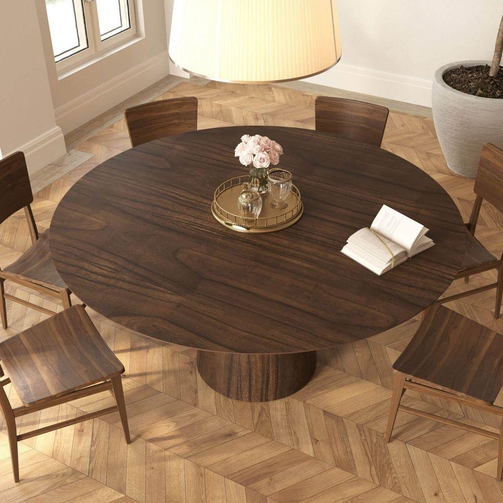 Mesa De Jantar Redonda 160cm Scandi 8 Lugares Lamina Natural De Madeira Castanho - 3