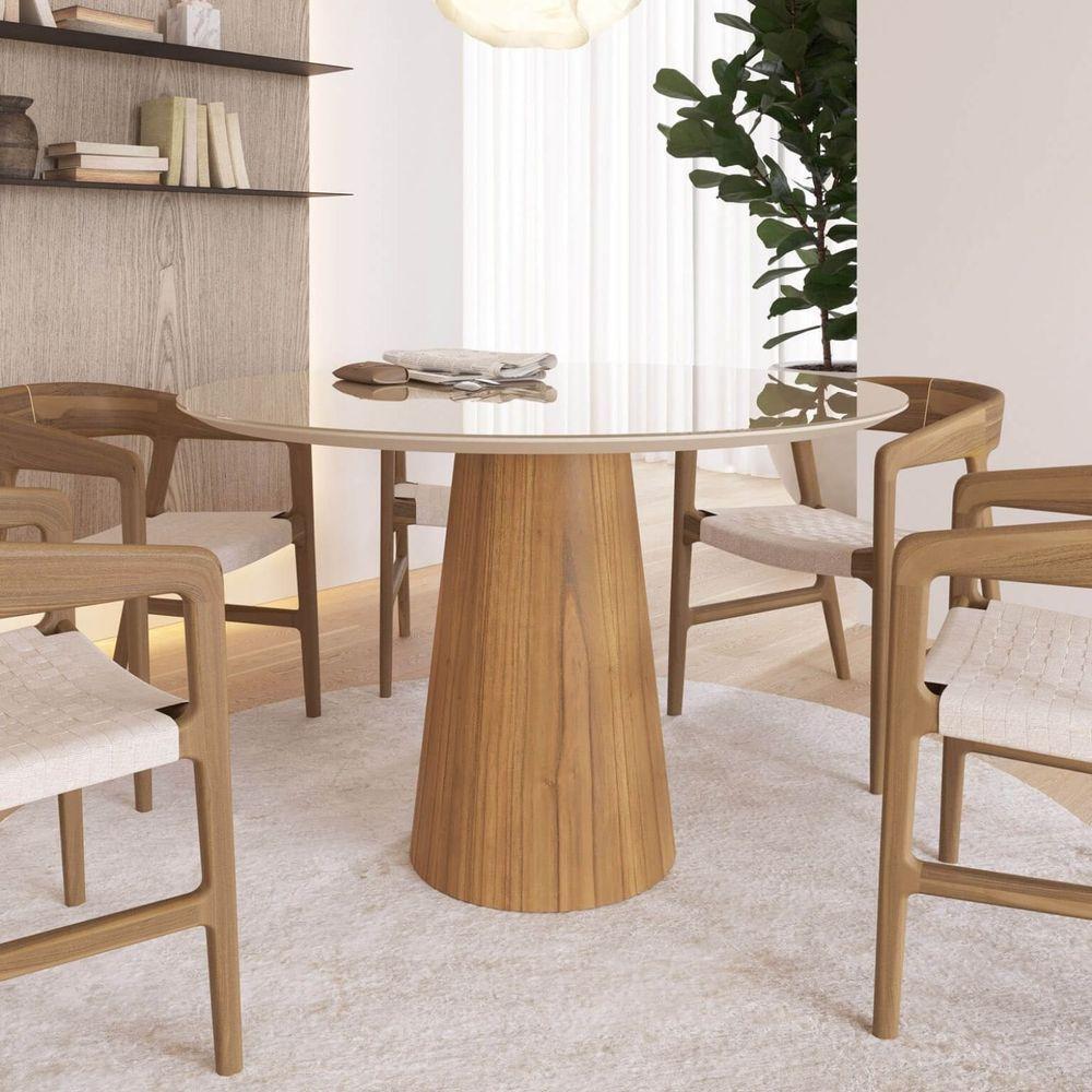 Mesa De Jantar Redonda 120cm Scandi 6 Lugares Lamina Natural De Madeira Off White Vidro - 2