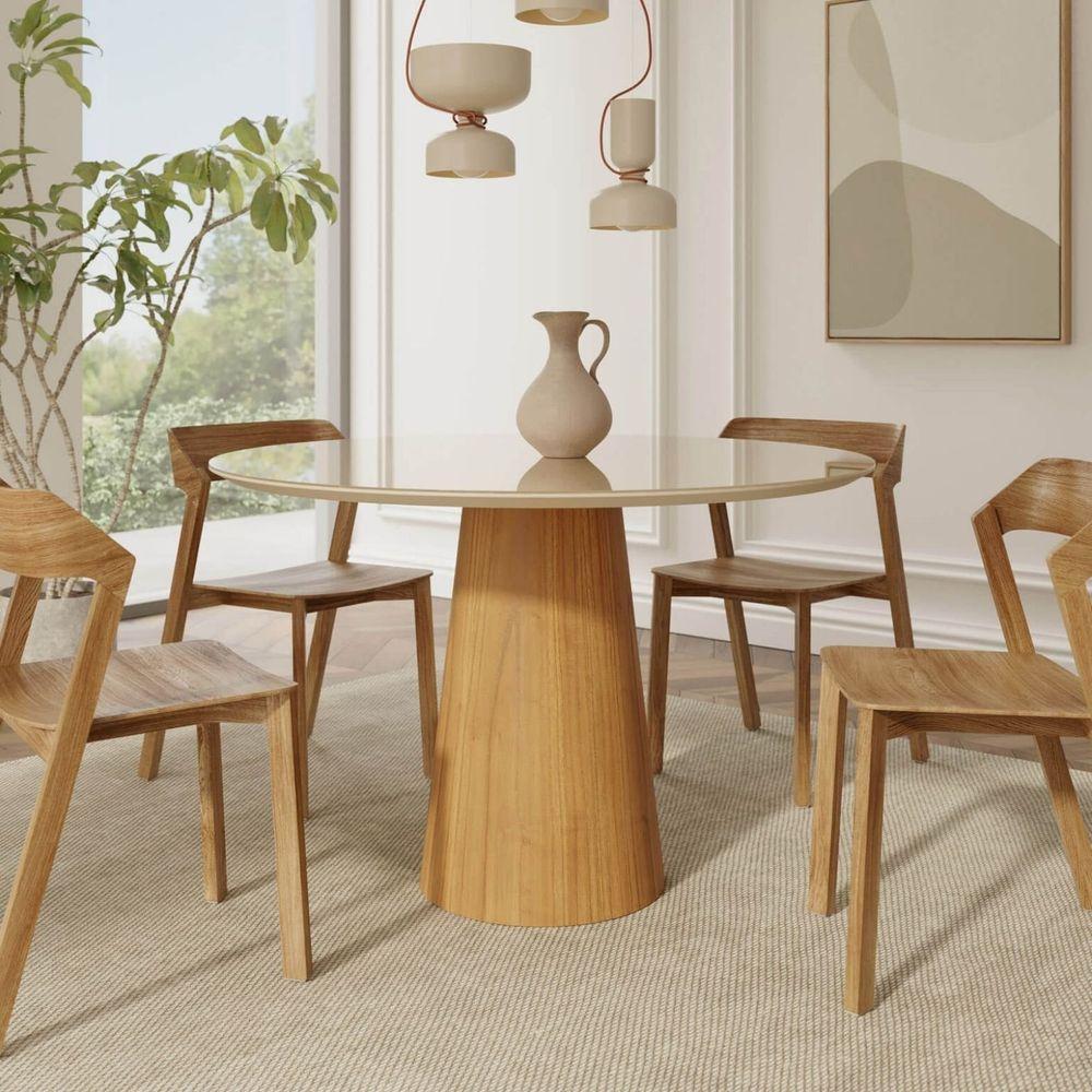 Mesa De Jantar Redonda 120cm Scandi 6 Lugares Lamina Natural De Madeira Off White Vidro - 3