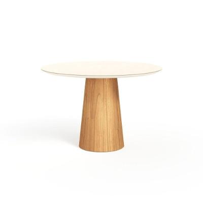 Mesa De Jantar Redonda 120cm Scandi 6 Lugares Lamina Natural De Madeira Off White Vidro