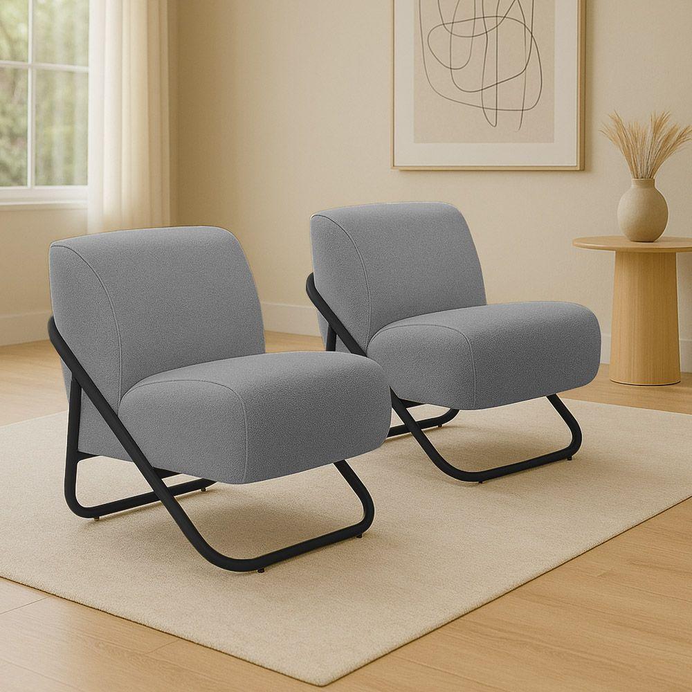 Poltrona Sala Estar Industrial Preto Kit 2 Martina Bouclê Grafite K01 - D'rossi - 1