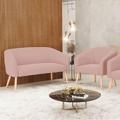 Sofá Namoradeira E Poltrona Pé Palito Natural Stella Veludo Rosê D03 - D'rossi