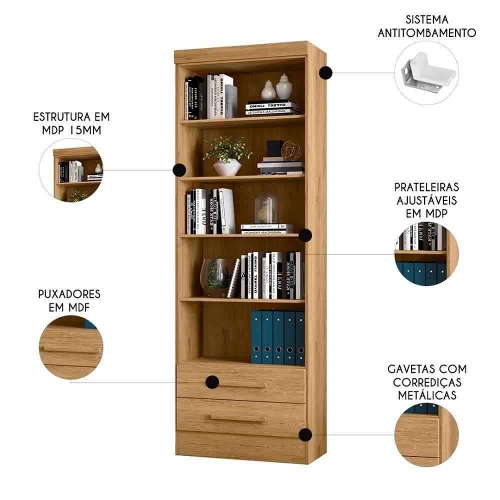 Estante Livreiro Multiuso 2 Gavetas Com Prateleiras Freijó - Qmovi - 3