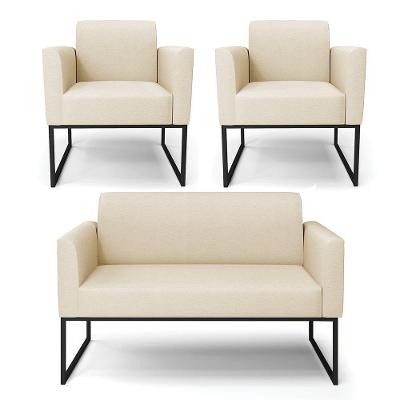 Sofá Namoradeira Com 2 Poltronas Base Industrial Preto Marisa Linho A32 Palha