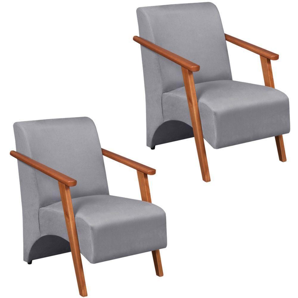 Kit 2 Poltrona Venus 1 Lugar Braço Madeira Maciça Tecido Suede Cinza - 1