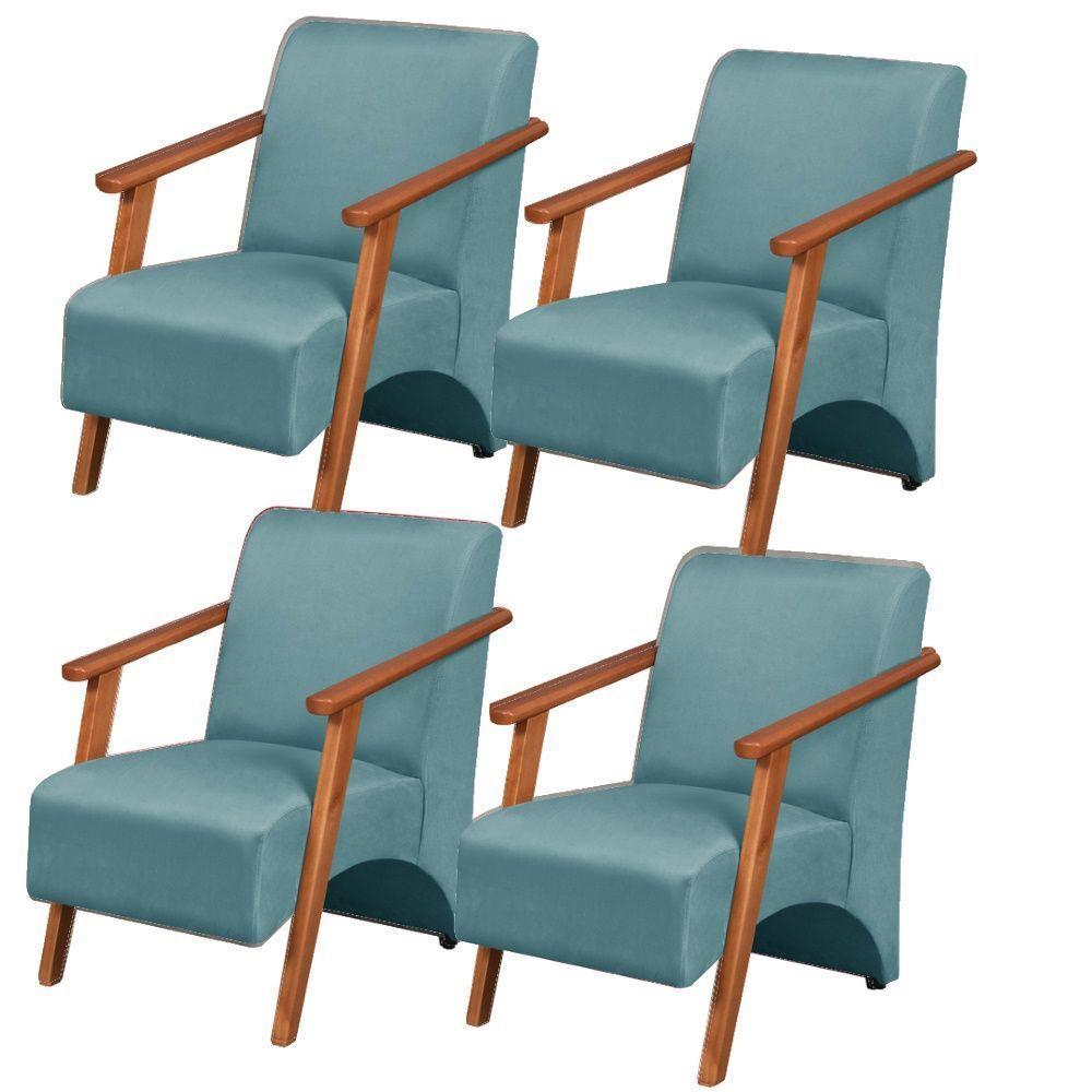 Kit 4 Poltronas Venus 1 Lugar Braço Madeira Maciça Tecido Suede Turquesa - 1