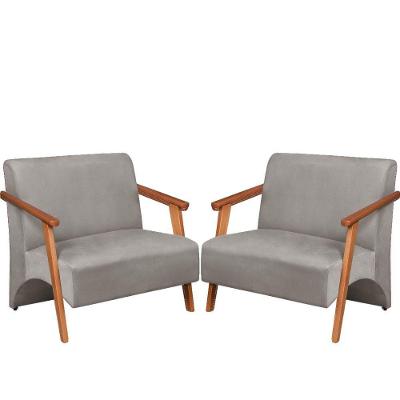 Poltrona Namoradeira Venus Braço Madeira Maciça Suede Cinza