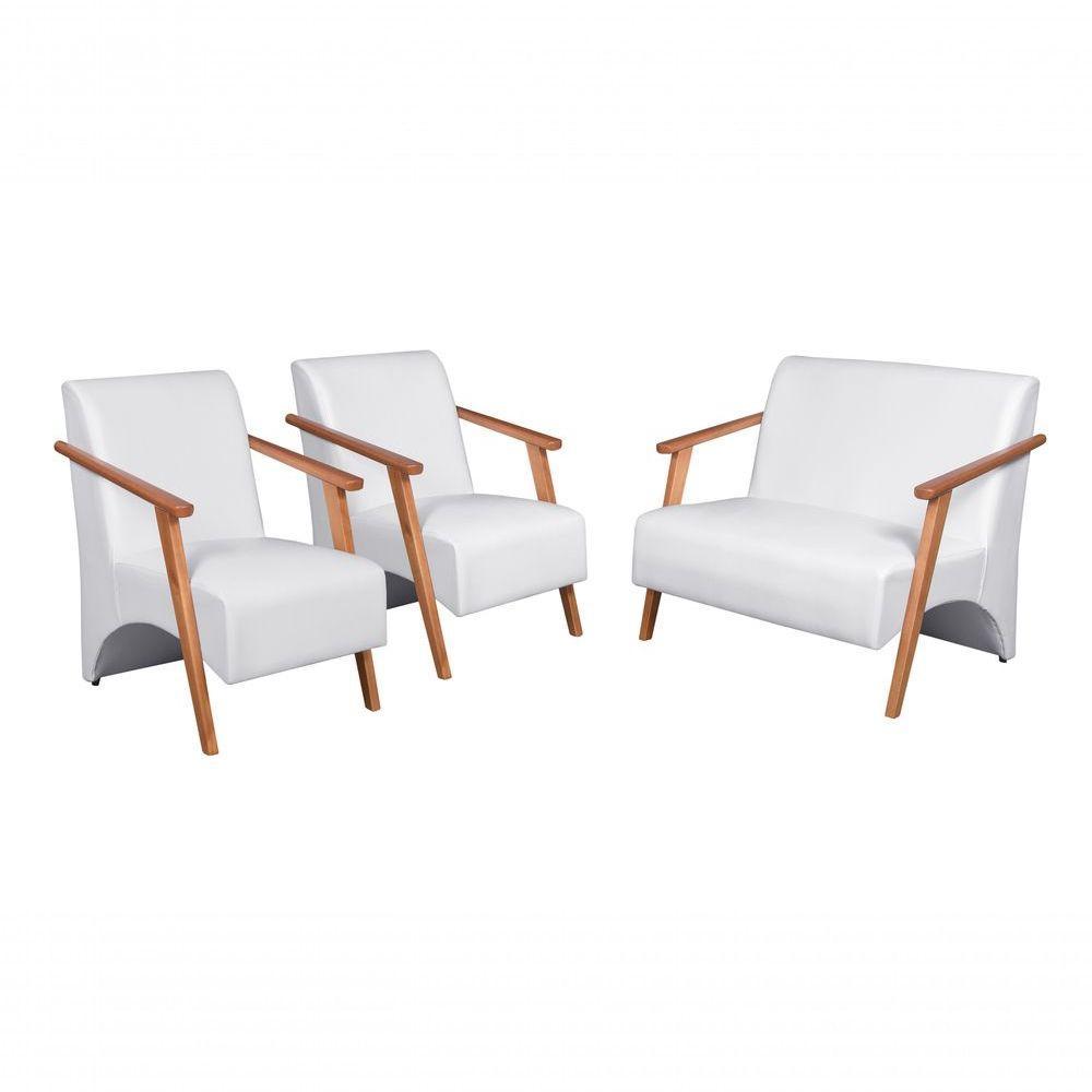 Conjunto Venus Braços Em Madeira Maciça 1 Namoradeira 2 Poltronas Courino Branco - 1