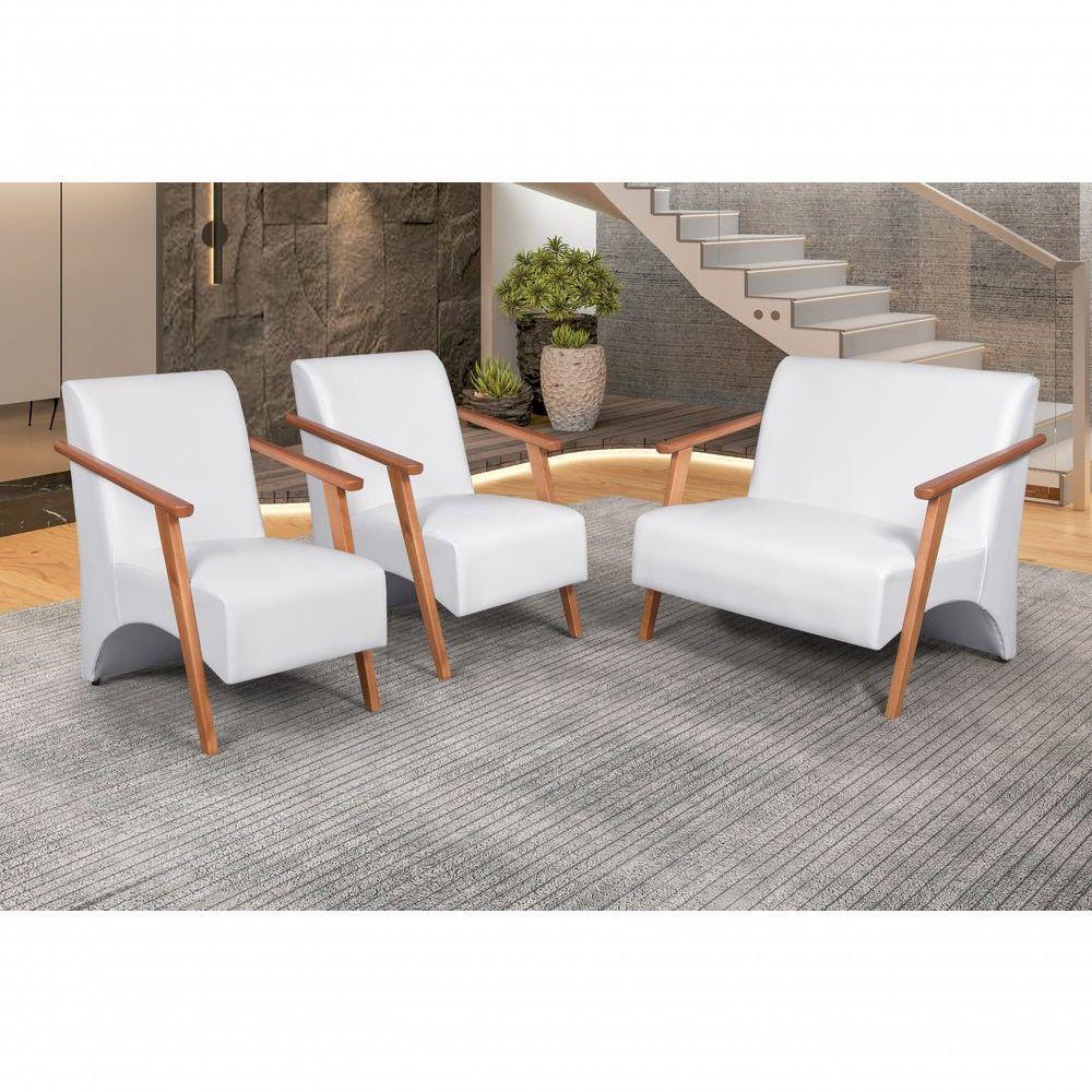 Conjunto Venus Braços Em Madeira Maciça 1 Namoradeira 2 Poltronas Courino Branco - 4