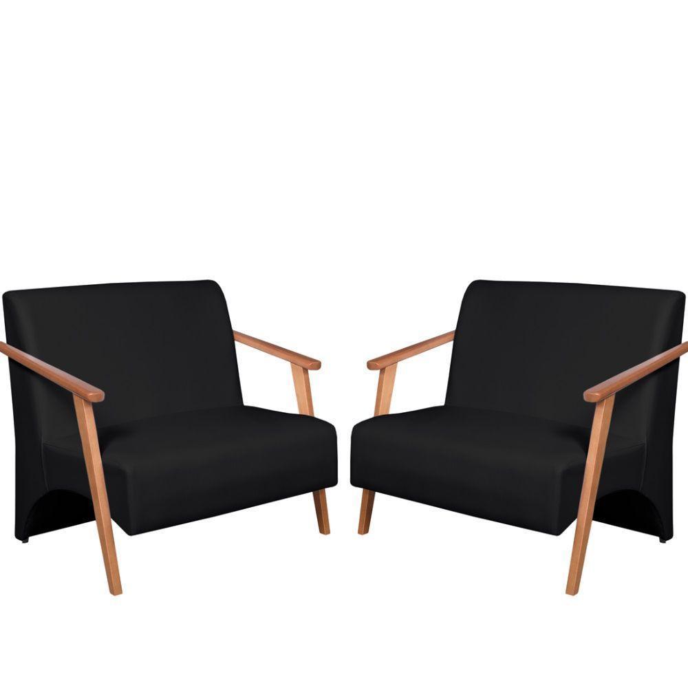 Kit 2 Poltronas Namoradeira Venus Braço Madeira Maciça Tecido Sintético Preto - 1