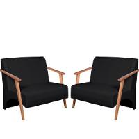 Kit 2 Poltronas Namoradeira Venus Braço Madeira Maciça Tecido Sintético Preto - 1