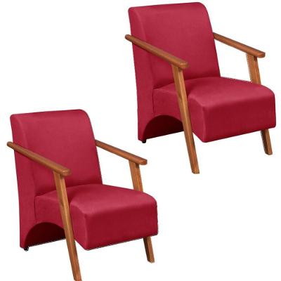 Kit 2 Poltronas Venus 1 Lugar Braço Madeira Maciça Suede Vermelho