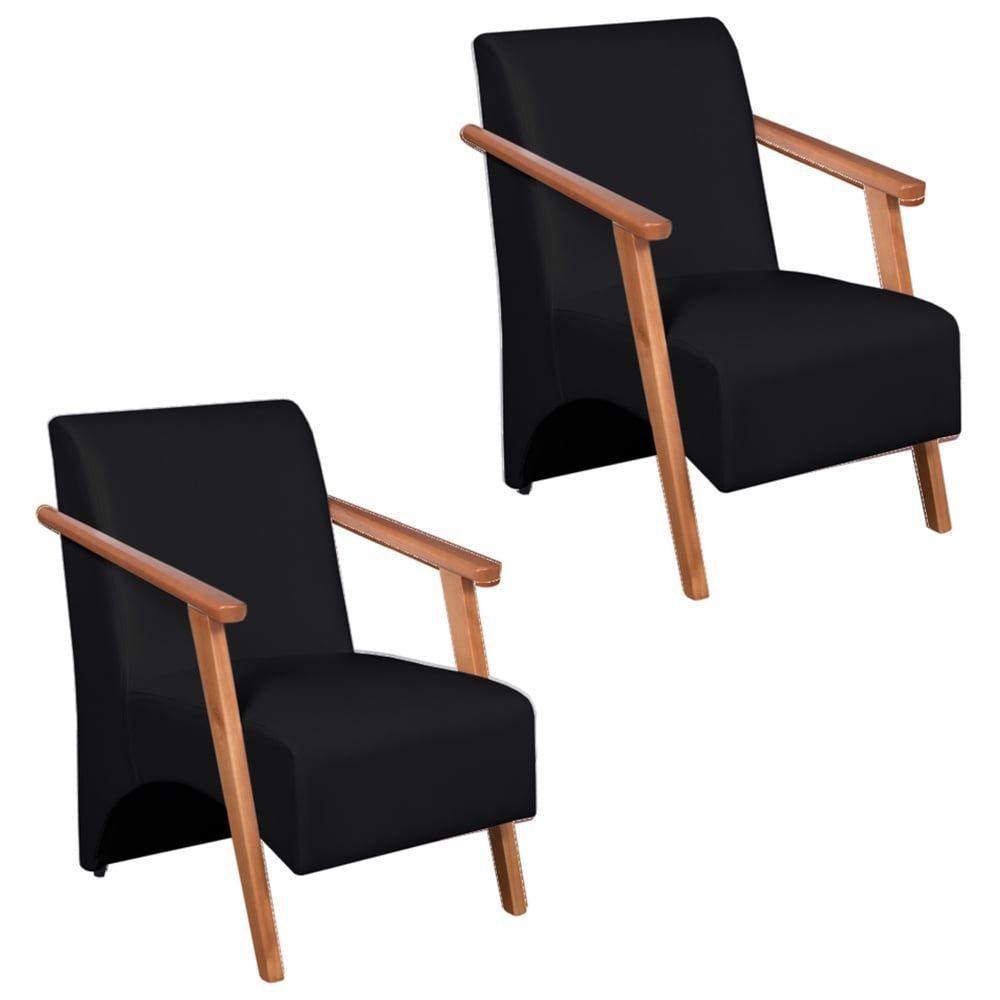 Kit 2 Poltronas Venus 1 Lugar Braço Madeira Maciça Courino Preto - 1