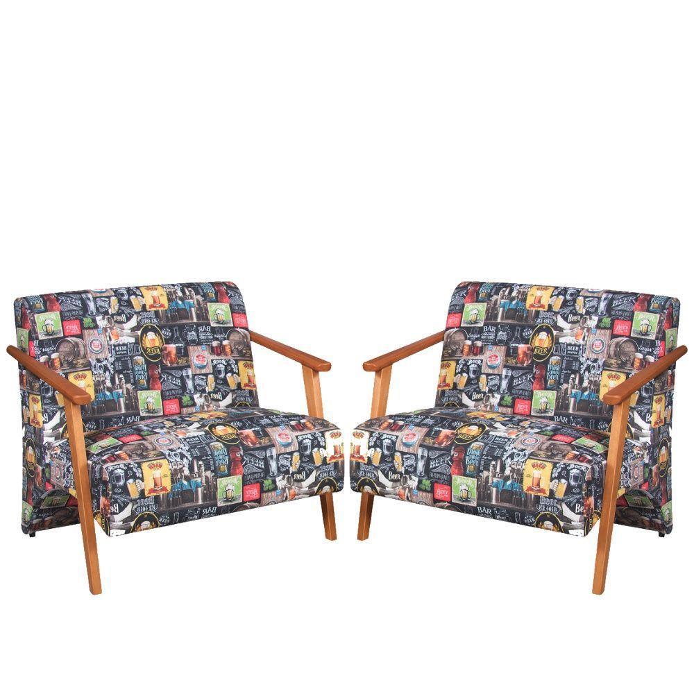 Kit 2 Poltronas Namoradeira Venus Braço Madeira Maciça Estampada Retro Bar 107 - 1