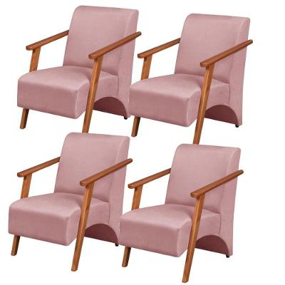 Kit 4 Poltronas Venus 1 Lugar Braço Madeira Maciça Tecido Suede Rosa