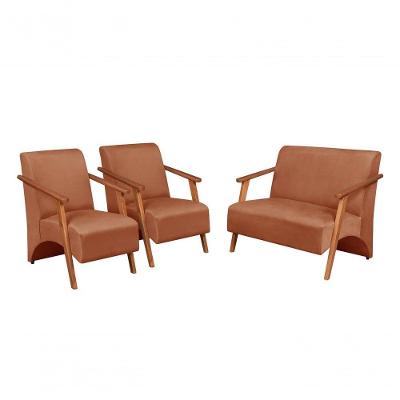 Conjunto Venus Braços Em Madeira Maciça 1 Namoradeira 2 Poltronas Suede Terracota