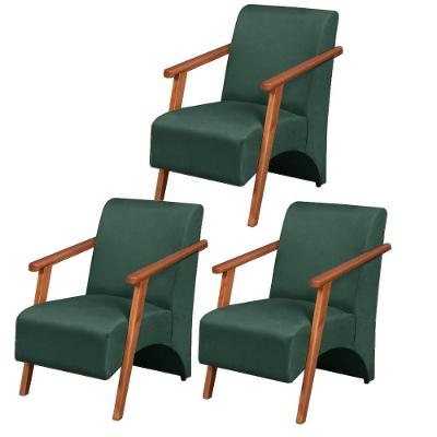 Kit 3 Poltronas Venus 1 Lugar Braço Madeira Maciça Tecido Suede Verde