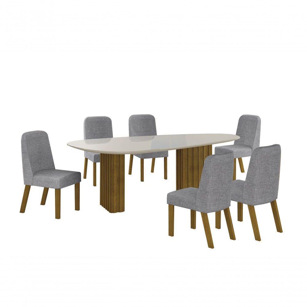 Conjunto Sala De Jantar Mesa Orgânica Com Vidro 180cm Com 6 Cadeiras Pé Madeira Isis Freijó-off White-linho Cinza - 1