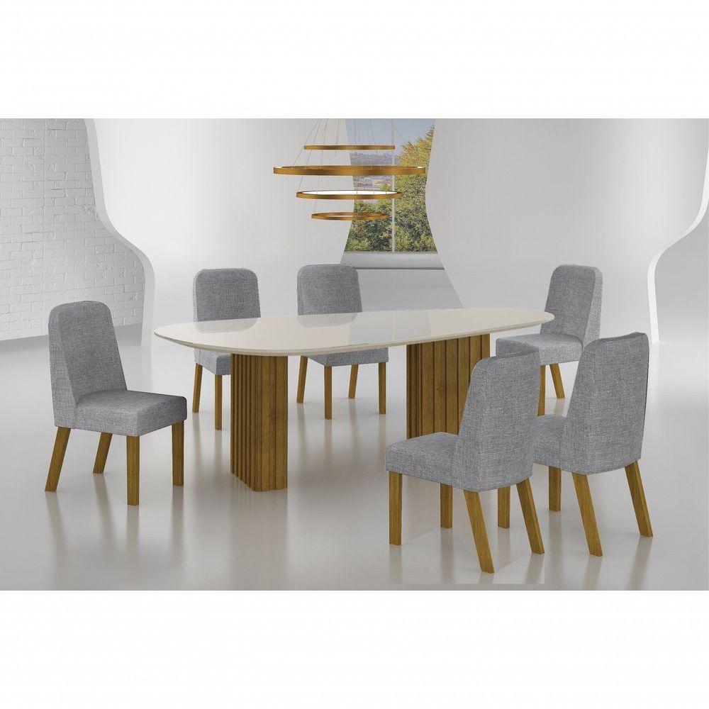 Conjunto Sala De Jantar Mesa Orgânica Com Vidro 180cm Com 6 Cadeiras Pé Madeira Isis Freijó-off White-linho Cinza - 6