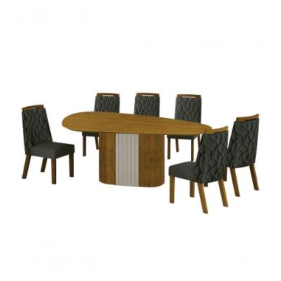 Conjunto Sala De Jantar Mesa Orgânica Sem Vidro 200cm Com 6 Cadeiras Pé Mdf Dacota Freijó Off White-freijó-joli Chumbo