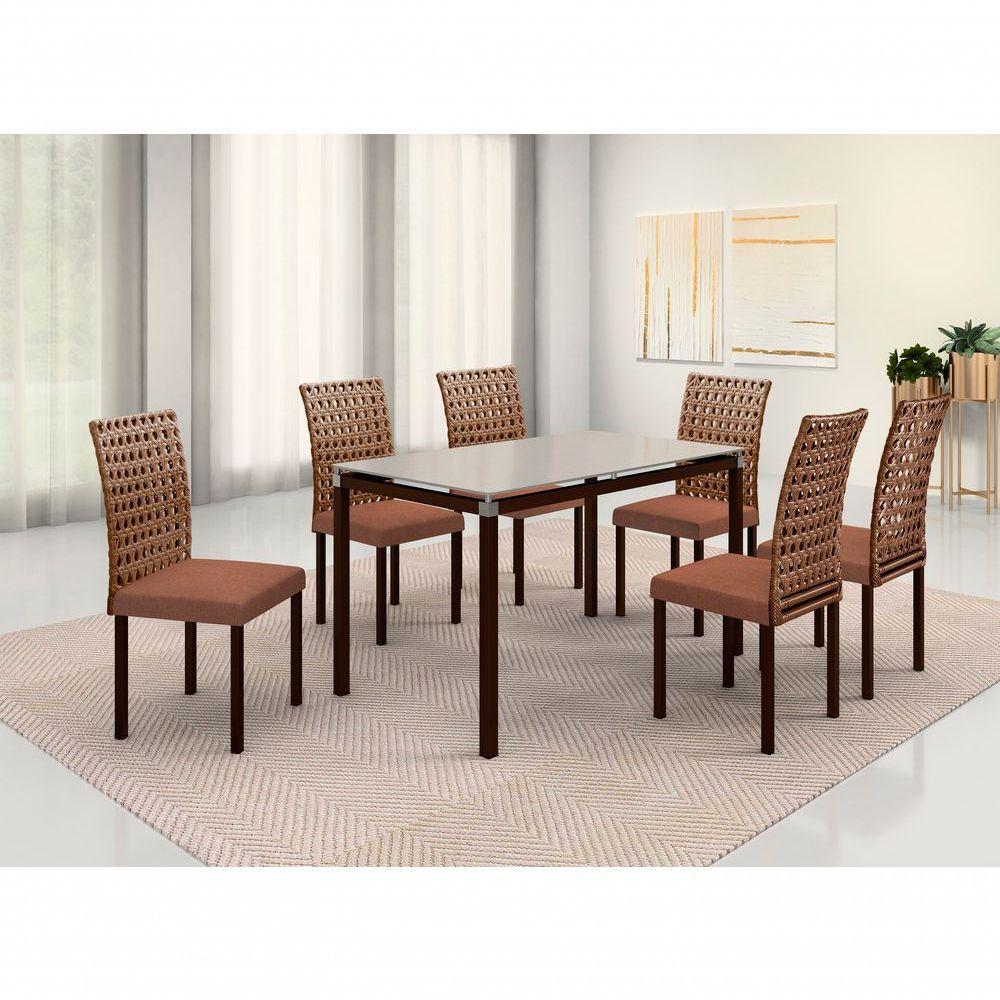 Conjunto De Jantar Lisboa Com 6 Cadeiras E Mesa Retangular Tocantins Bm Tubulares Off White-ratan Chocolate-linho 307 - 6