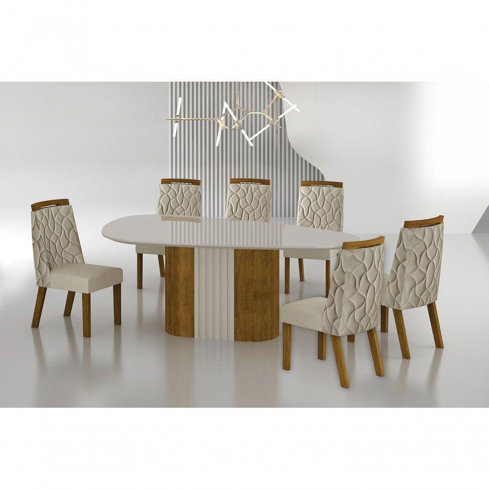 Conjunto Sala De Jantar Mesa Orgânica Com Vidro 200cm Com 6 Cadeiras Pé Mdf Dacota Freijó Off White-off White-joli Palha - 7
