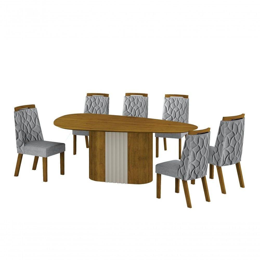 Conjunto Sala De Jantar Mesa Orgânica Sem Vidro 200cm Com 6 Cadeiras Pé Mdf Dacota Freijó Off White-freijó-linho Cinza - 1