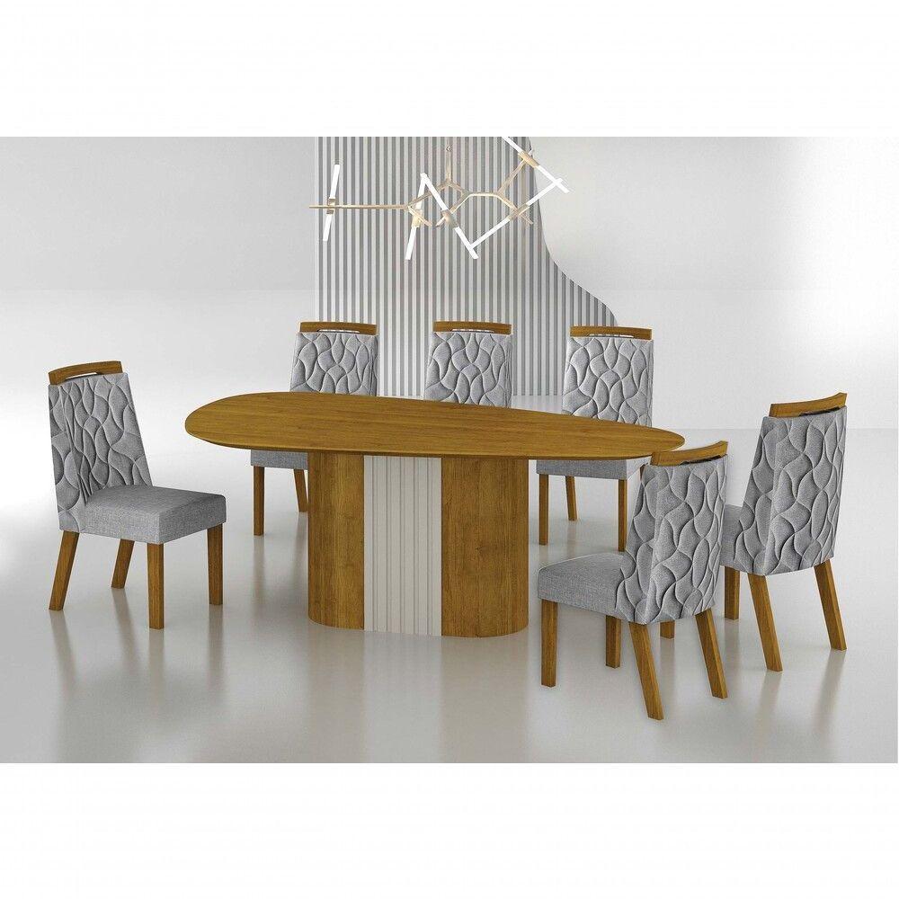 Conjunto Sala De Jantar Mesa Orgânica Sem Vidro 200cm Com 6 Cadeiras Pé Mdf Dacota Freijó Off White-freijó-linho Cinza - 7