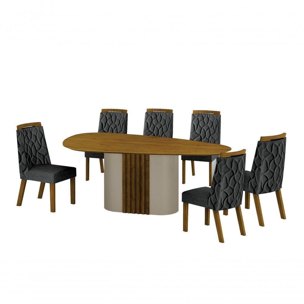 Conjunto Sala De Jantar Mesa Orgânica Sem Vidro 200cm Com 6 Cadeiras Pé Mdf Dacota Off White Freijó-freijó-linho Chumbo - 1