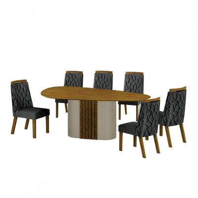 Conjunto Sala De Jantar Mesa Orgânica Sem Vidro 200cm Com 6 Cadeiras Pé Mdf Dacota Off White Freijó-freijó-linho Chumbo