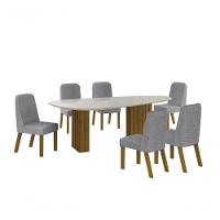 Conjunto Sala De Jantar Mesa Orgânica Com Vidro 200cm Com 6 Cadeiras Pé Madeira Isis Freijó-off White-linho Cinza - 1
