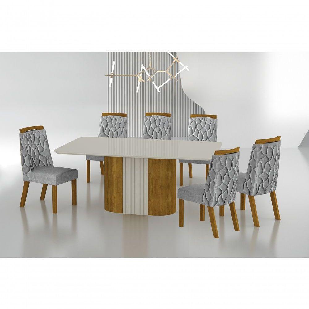 Conjunto Sala De Jantar Mesa Com Vidro 180cm Com 6 Cadeiras Pé Madeira Dacota Freijó Off White-off White-linho Cinza - 1
