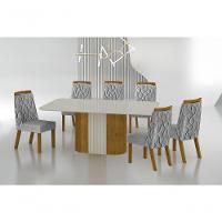 Conjunto Sala De Jantar Mesa Com Vidro 180cm Com 6 Cadeiras Pé Madeira Dacota Freijó Off White-off White-linho Cinza - 1