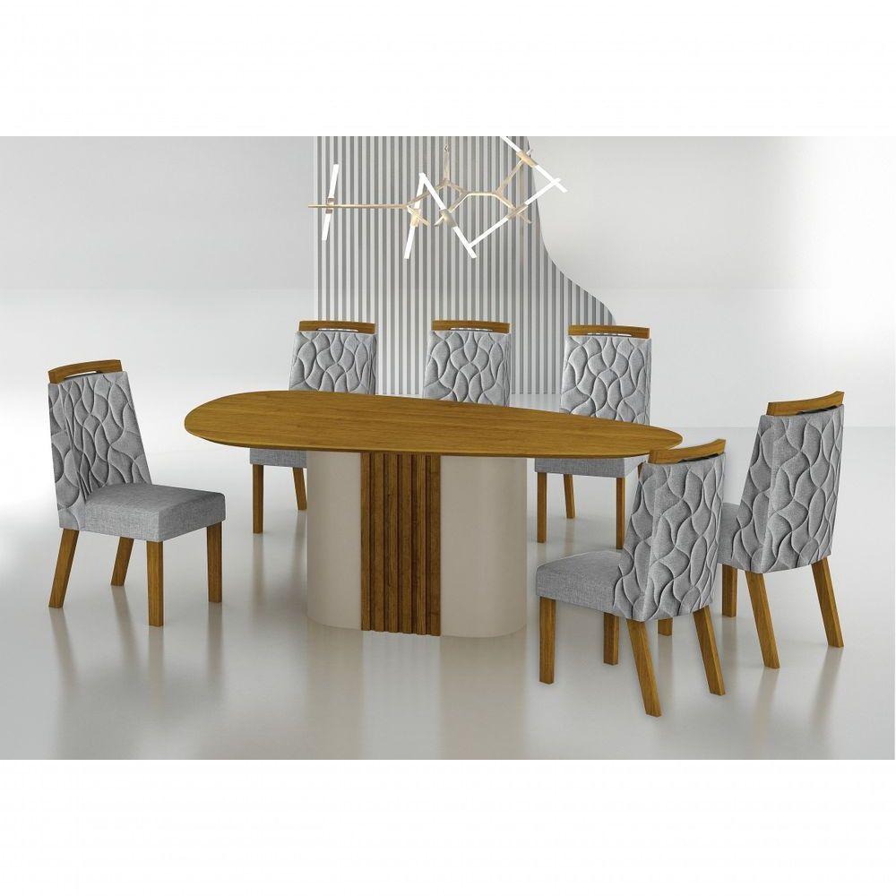 Conjunto Sala De Jantar Mesa Orgânica Sem Vidro 200cm Com 6 Cadeiras Pé Mdf Dacota Off White Freijó-freijó-linho Cinza - 7