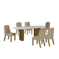 Conjunto Sala De Jantar Mesa Orgânica Com Vidro 200cm Com 6 Cadeiras Pé Madeira Isis Freijó-off White-linho Palha - 1