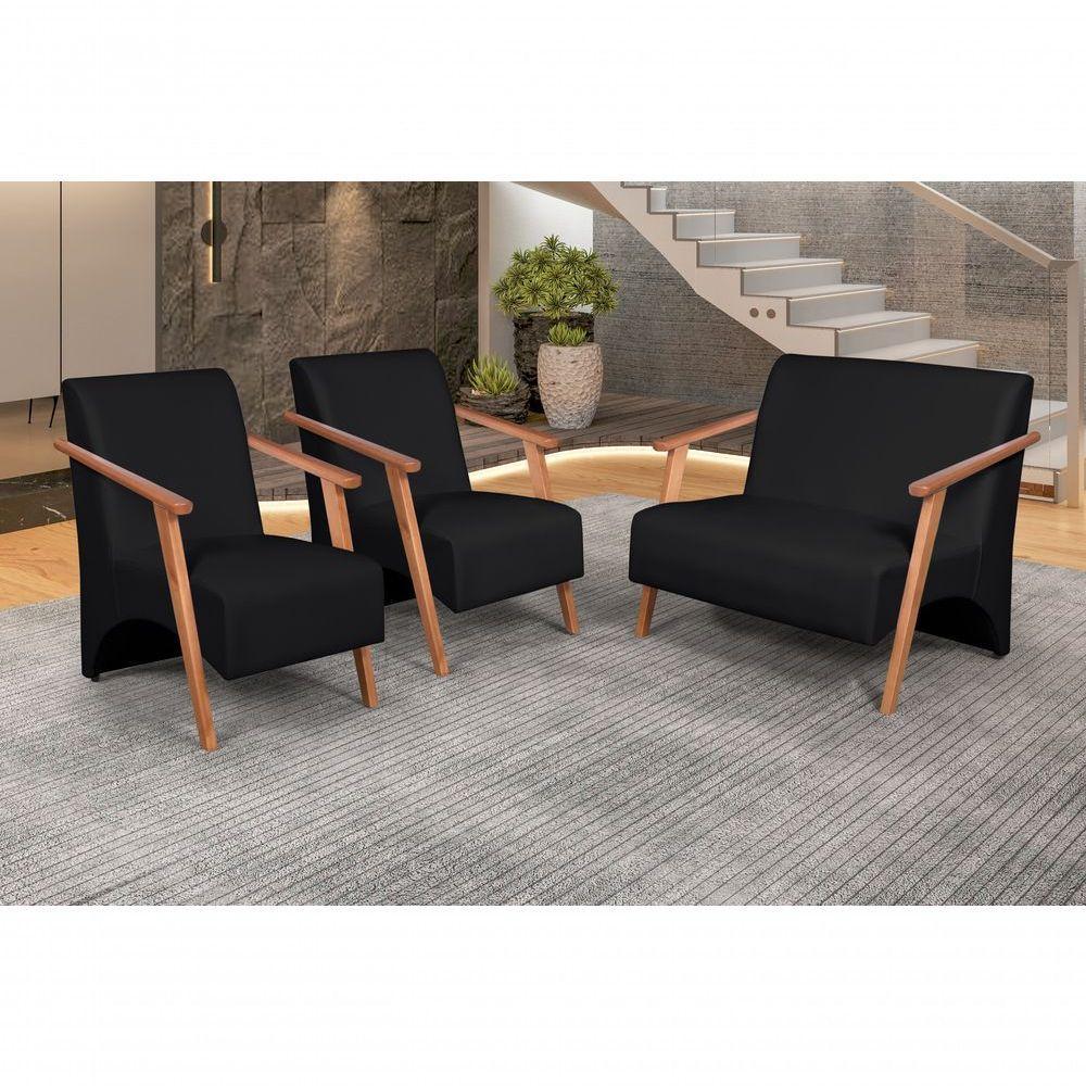 Conjunto Venus Braços Em Madeira Maciça 1 Namoradeira 2 Poltronas Courino Preto - 4