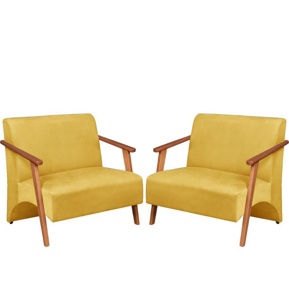 Poltrona Namoradeira Venus Braço Madeira Maciça Suede Amarelo - 1